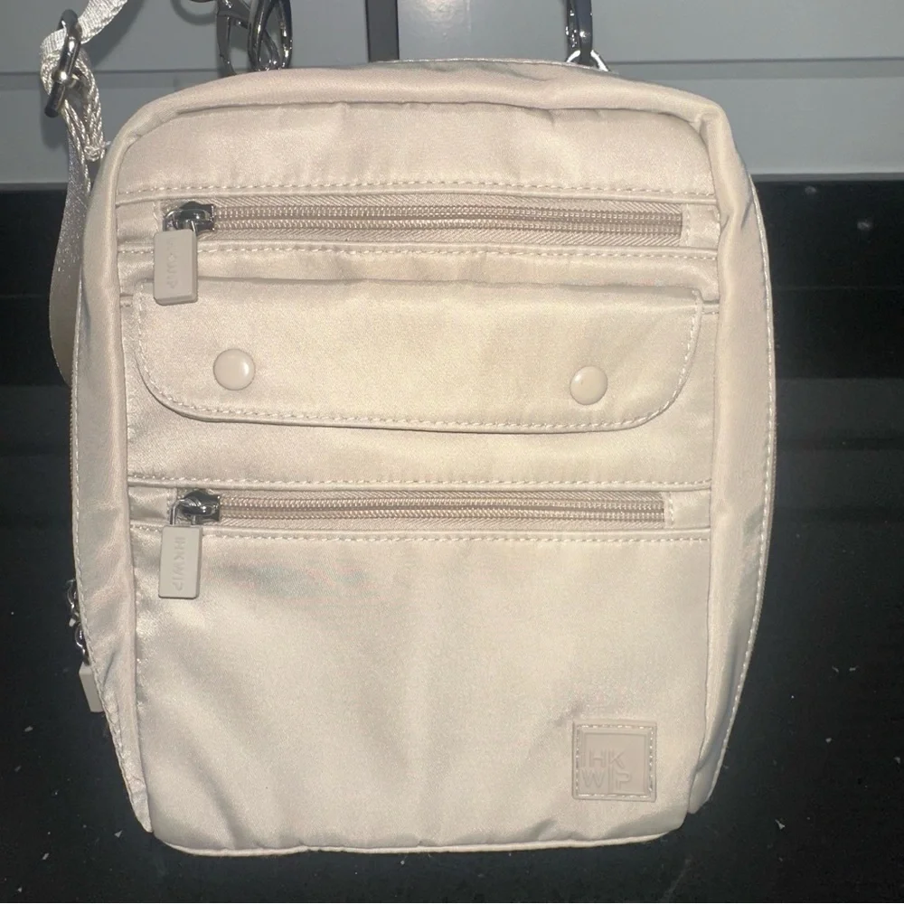 IHKWIP Nylon Multi-Pocket Everyday Essentials Crossbody Bag Tan Beige 2 straps
